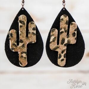 Black Teardrop Earrings with Gold Leopard Cactus Accent